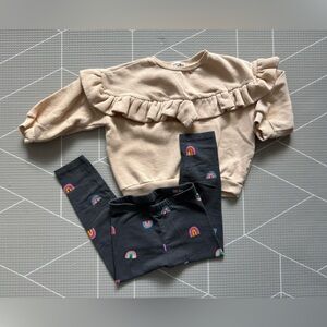 Rabbit Bear|Baby girl/toddler Beige Ruffle Sweater & Rainbow Leggings Set•••3T
